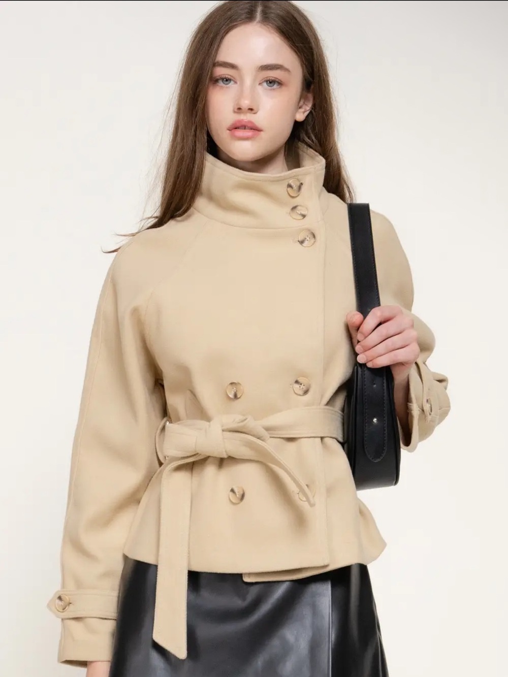 A565 Womens Belted High-Collar Felt Jacket - Beige
